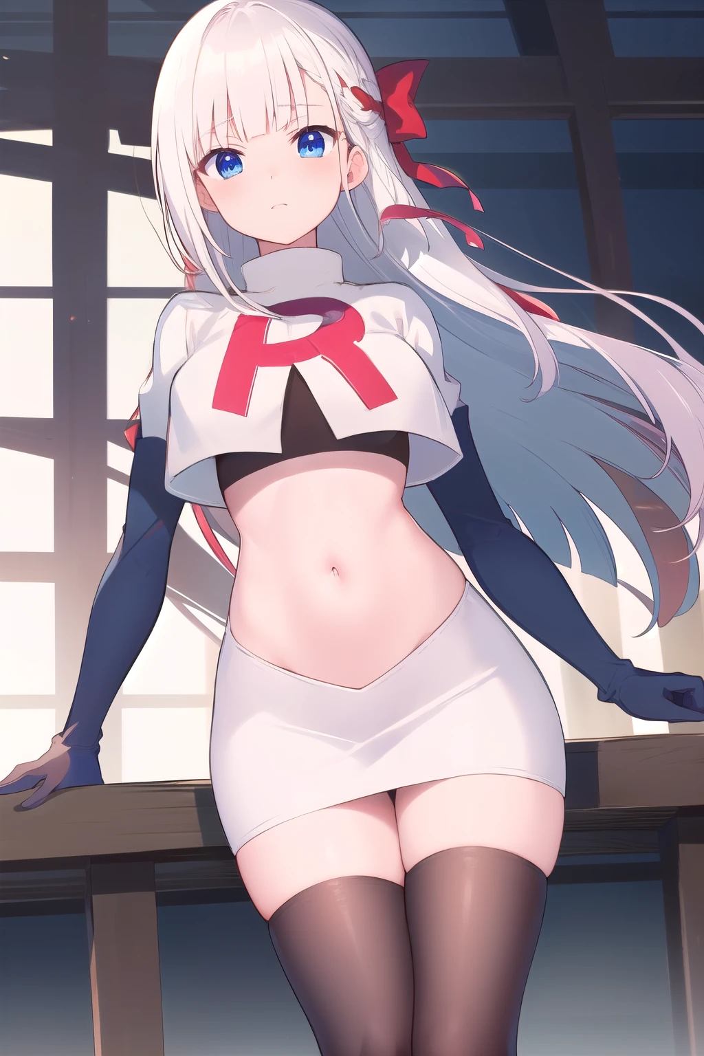 best quality, masterpiece, highres, detailed, digital artwork, RiseliaRC, red hair ribbon, white hair, blunt bangs, blue eyes, team rocket,team rocket uniform,white skirt,red letter R,crop top,black thigh-highs,black elbow gloves