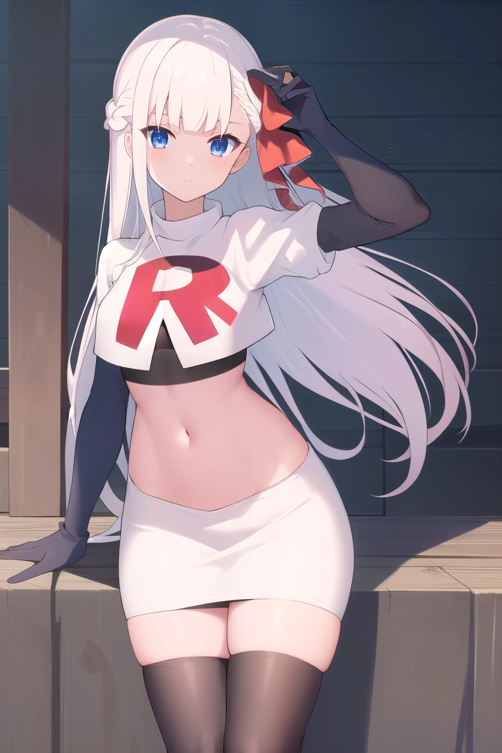 best quality, masterpiece, highres, detailed, digital artwork, RiseliaRC, red hair ribbon, white hair, blunt bangs, blue eyes, team rocket,team rocket uniform,white skirt,red letter R,crop top,black thigh-highs,black elbow gloves