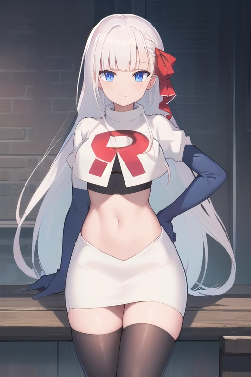 best quality, masterpiece, highres, detailed, digital artwork, RiseliaRC, red hair ribbon, white hair, blunt bangs, blue eyes, team rocket,team rocket uniform,white skirt,red letter R,crop top,black thigh-highs,black elbow gloves