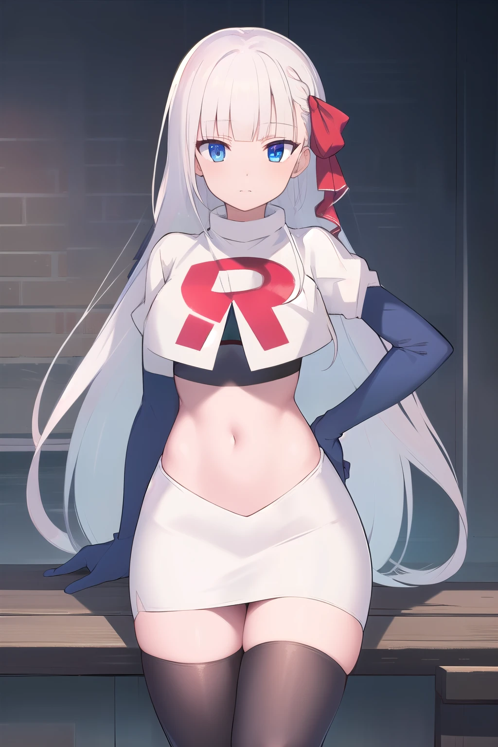 best quality, masterpiece, highres, detailed, digital artwork, RiseliaRC, red hair ribbon, white hair, blunt bangs, blue eyes, team rocket,team rocket uniform,white skirt,red letter R,crop top,black thigh-highs,black elbow gloves