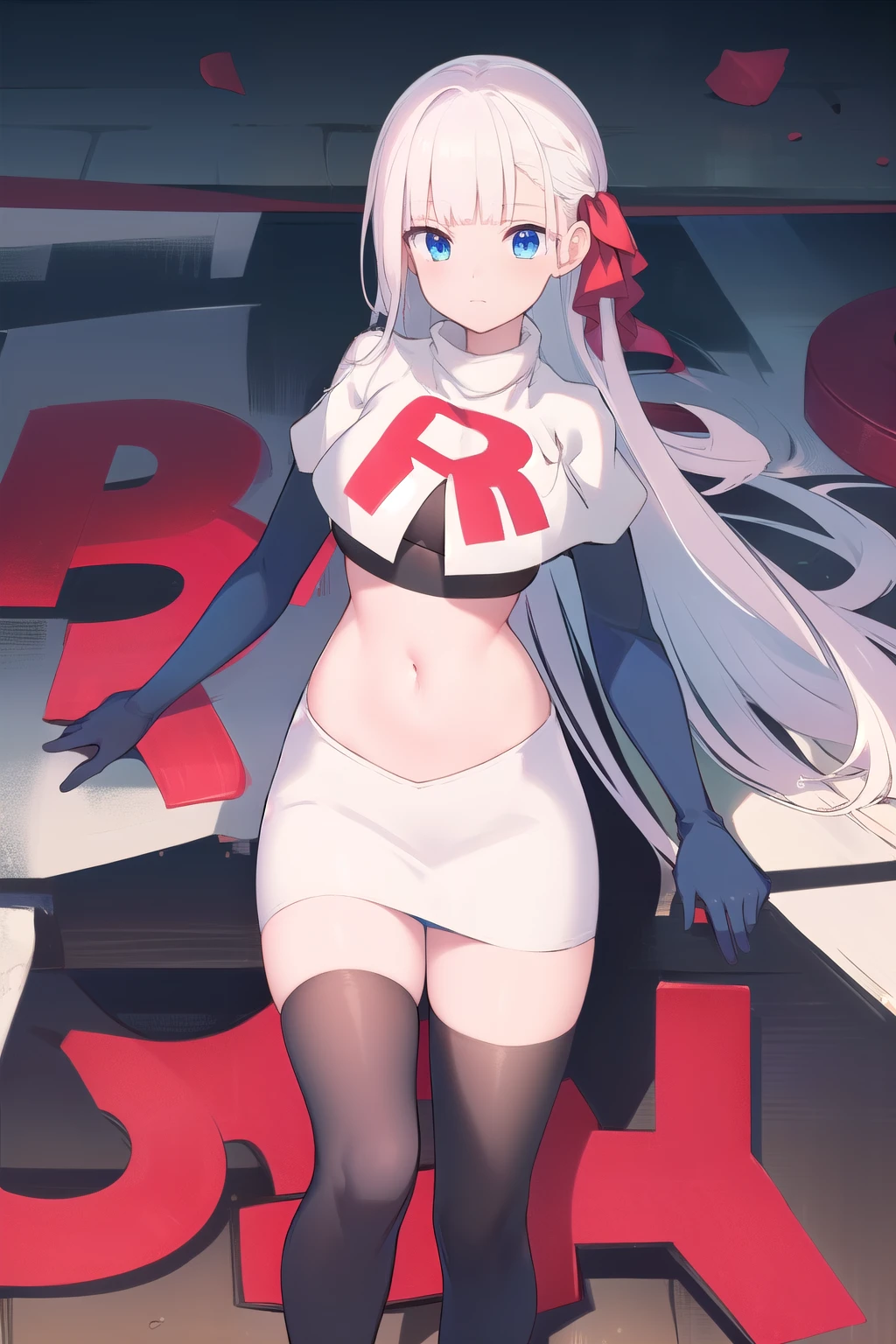 best quality, masterpiece, highres, detailed, digital artwork, RiseliaRC, red hair ribbon, white hair, blunt bangs, blue eyes, team rocket,team rocket uniform,white skirt,red letter R,crop top,black thigh-highs,black elbow gloves