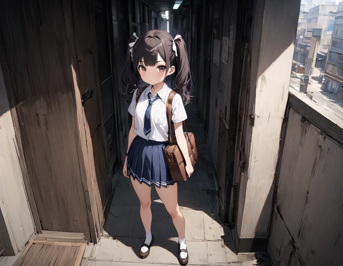  NSFW standing figure background is a gap in a modern Japanese building, long shot full body view, composition seen from afar, dark hair, twin tails, middle hair, dark hair, brown eyes, big white ribbon for summer(White collar:1.2) high school girl in a navy blue tie pleated skirt she holds a Boston bag and wrinkles her eyebrows and silently stares at a stick stand 　Blond man standing :1.3