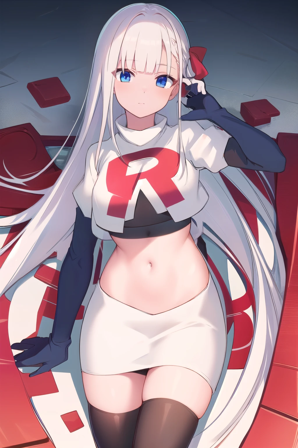 best quality, masterpiece, highres, detailed, digital artwork, RiseliaRC, red hair ribbon, white hair, blunt bangs, blue eyes, team rocket,team rocket uniform,white skirt,red letter R,crop top,black thigh-highs,black elbow gloves