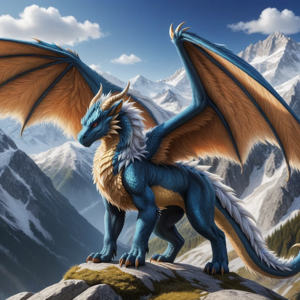 European dragon, (Fuzzy:1.5), Fur on all areas of the body,  very detailed fur, large wings, On all 4 standing , Looks at the viewer, in the high mountains, very high quality,  High resolution , detailed background