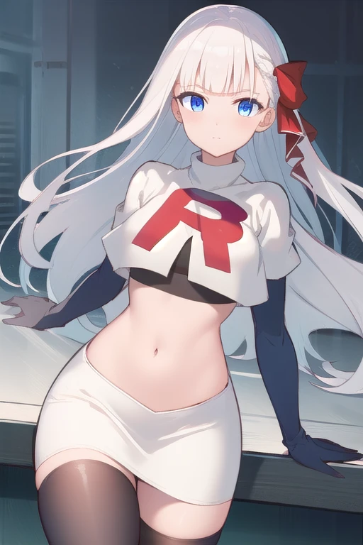 best quality, masterpiece, highres, detailed, digital artwork, RiseliaRC, red hair ribbon, white hair, blunt bangs, blue eyes, team rocket,team rocket uniform,white skirt,red letter R,crop top,black thigh-highs,black elbow gloves