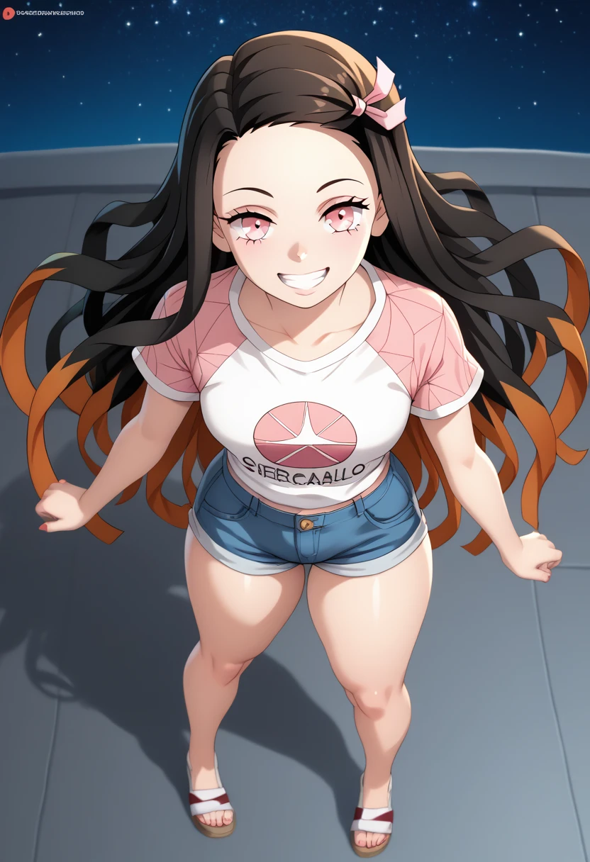 score_9, score_8_above, score_7_above, score_6_above, score_5_above, score_4_above, Nezuko Kamado, pink eyes,  half-closed eyes,  female, long hair, scoundrel, seductive, tight black t shirt t-shirt and short tight denim shorts,  Assessment_explicit,, standing, top photo, thick thighs, full legs,   face image,smile, extremely detailed in 8k, highres, ultra detailed, soft shadows, starry sky, open air
