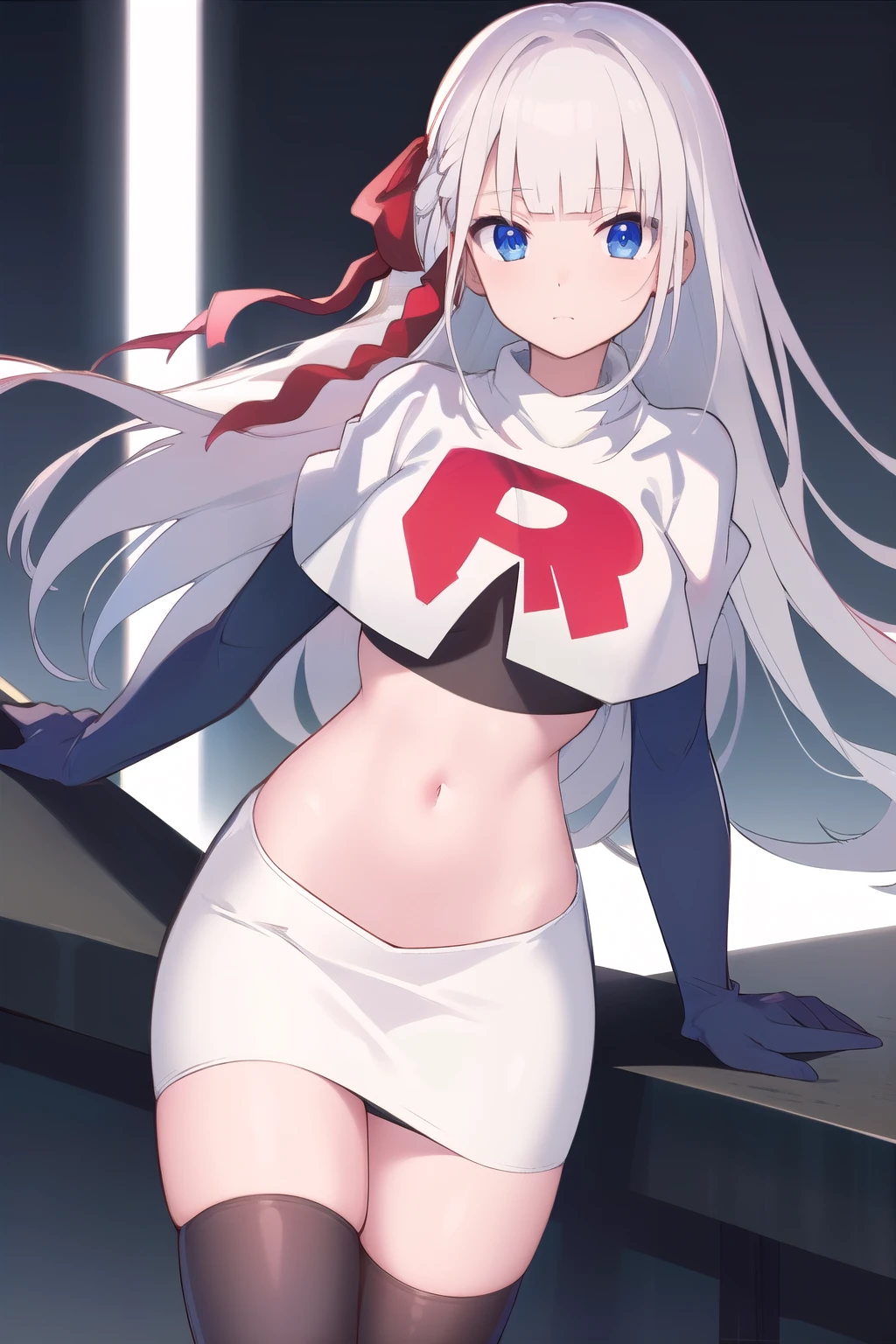 best quality, masterpiece, highres, detailed, digital artwork, RiseliaRC, red hair ribbon, white hair, blunt bangs, blue eyes, team rocket,team rocket uniform,white skirt,red letter R,crop top,black thigh-highs,black elbow gloves