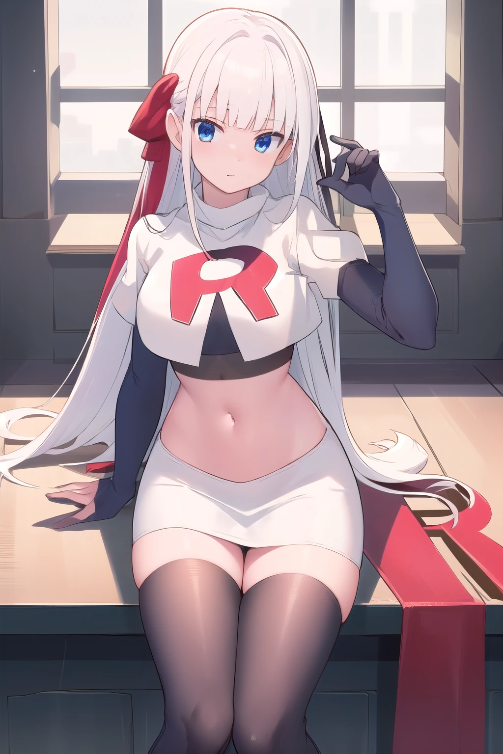 best quality, masterpiece, highres, detailed, digital artwork, RiseliaRC, red hair ribbon, white hair, blunt bangs, blue eyes, team rocket,team rocket uniform,white skirt,red letter R,crop top,black thigh-highs,black elbow gloves