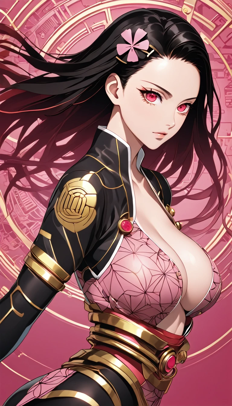 (Nezuko Komado ),  Kimetsu No Yaiba,  black hair ,   red highlights  , big pink eyes, electronics,  gold circuit ,  gold wiring , buttons, mechanical parts,  beautiful abstract AI model ,  smooth shiny pink surface,  pretty Japanese female face , Sensual, minimum, elegante, thin, Asian, elegant, chic, futuristic, retro,  Sophisticated illustration , ( half human half machine ),  ornate gold border ,  gold metallic background ,  Art Nouveau , realistic, ,  cleavage,  BIG BREASTS,  arms back , 
