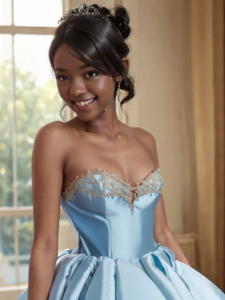 A Indian girl, black ponytail, (black skin:1.4), BREAK, baby face, standing, (satin princess dress, blue wedding dress:1.4), BREAK, (wedd00ing:1.2), (tiny tits, tt_flat), ((shooting from side)), armpit, smiling,+ bedroom, 