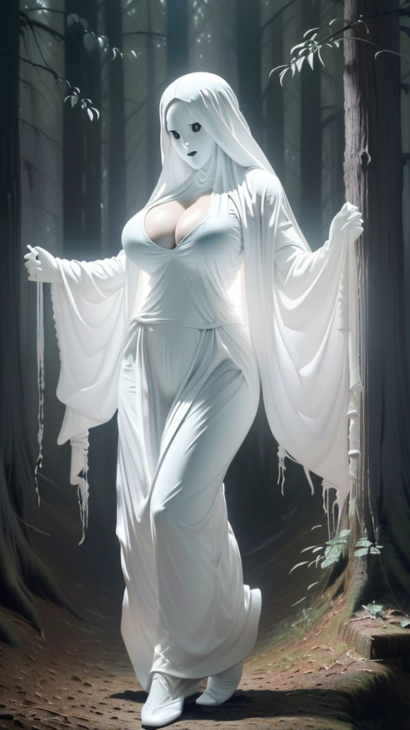 (（（figure，御姐figure,White and tender skin,（（（ghost costume,ghost,））），,(（（No Head ））),((masterpiece)),highres,((Best quality at best)),masterpiece,quality,Best quality,(（（  for the audience ,））），Huge breasts，苗条figure，forest，night，Dynamic poses）））