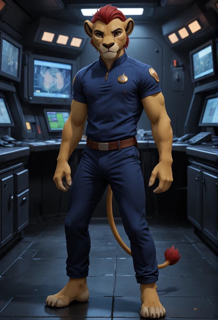 (((Barefoot furry character, full body, cinematic setting, furry boy, anthro lion, plantigrade))), (((anime))). beefy, muscular (((Kion))), (((younger Kion wearing blue tng uniform))), focused, determined, ((nice detailed feet paws with claws))), (((four toes))), short red hair, red tip of a tail, (((correct anatomy))) (((standing in command center of starship))), , hand strike BREAK, intricate details, highly detailed, extreme detail, octane render, fine art, best quality, highres, (detailed face:1.5), ((full_body)), UHD, (((perfect hands))), ((low light:1.5))