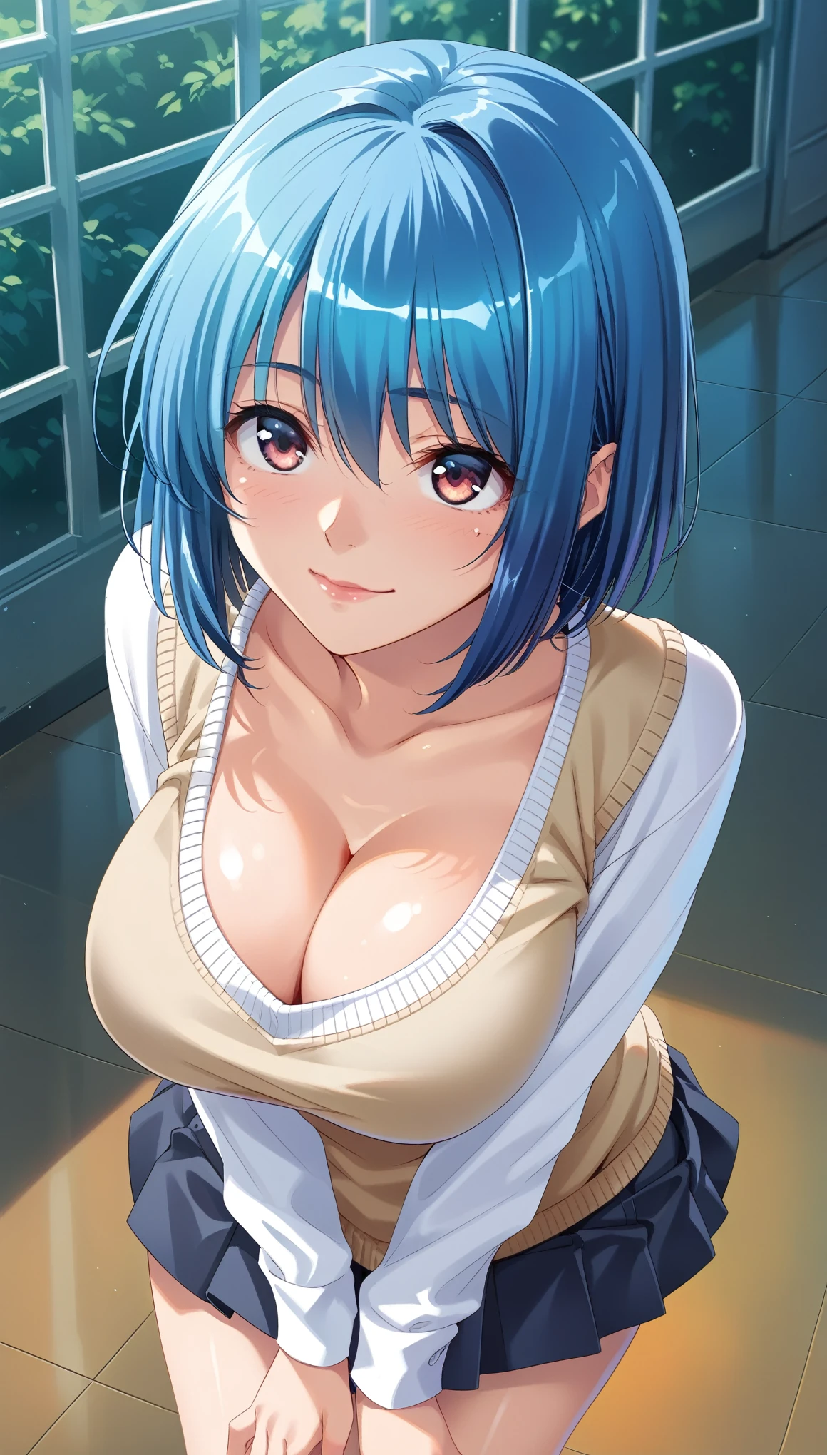 score_9,score_8_up,score_7_up,best,quality,ultra detailed,absolutely resolution,Blue hair,short hair,smile,School uniform+long sleeve+sweater vest,cleavage,large breast,leaning forward,from above,looking up