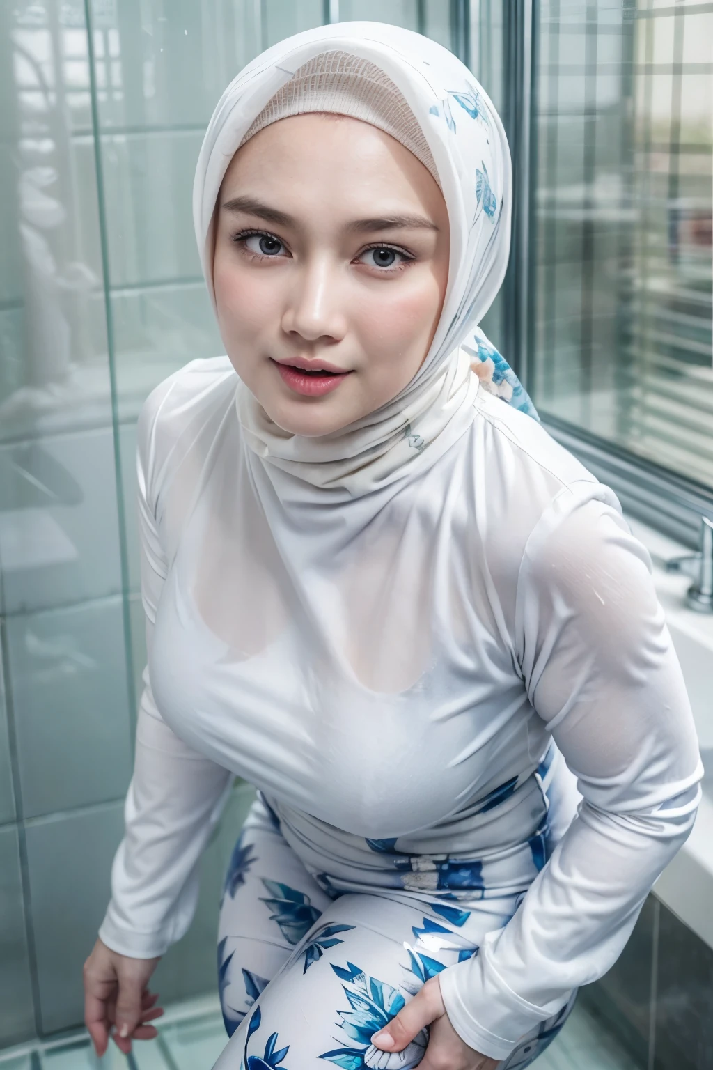 RAW, Best quality, high resolution, work: 1.3), Beautiful Korean mature woman wear hijab, Korean hijab woman,Highly detailed CG Unity 8k wallpaper, top quality, super detailed, masterpiece, realistic, photorealistic, highly detailed cute girl, 30 years old, full body shot, potrait, bathroom detailed, pale white skin tone, sweaty skin, blush, horny, orgasm expression, open mouth, parted lips, round eyes , ((erect, emerge, streak)), (( tight thighs, protruding buttock)), (the contour of the legs clearly visible ), cute face detailed, Standing under the shower, showering, wet, soaking wet, wet body, wet clothes, in bathroom, front view, view from side front, seductive, fat arms, (( wearing long sleeve white transparent blouse )), ((wearing lihgt blue floral pattern leggings)), erotic, (transparent dress:1.25), see through, looking seductively, soft smile, plump body, body lighting, the contour of the buttocks clearly visible, legs shape clearly visible, one lifted foot, water splashing butt, (full body shot), (muscullar body:1.4), (chubby:1.3)