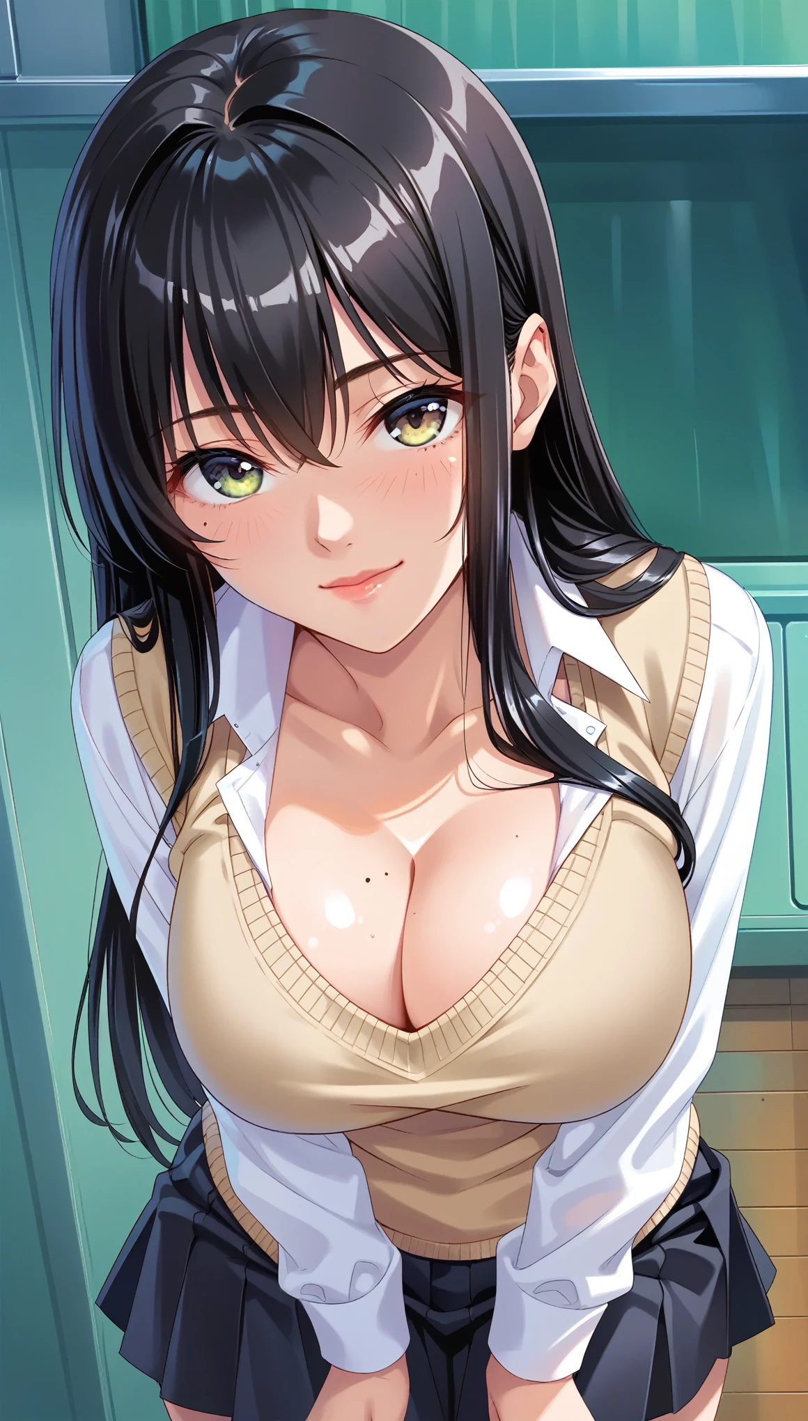 score_9,score_8_up,score_7_up,best,quality,ultra detailed,absolutely resolution,Black hair,straight hair,smile,School uniform+long sleeve+sweater vest,cleavage,large breast,leaning forward,from above,looking up