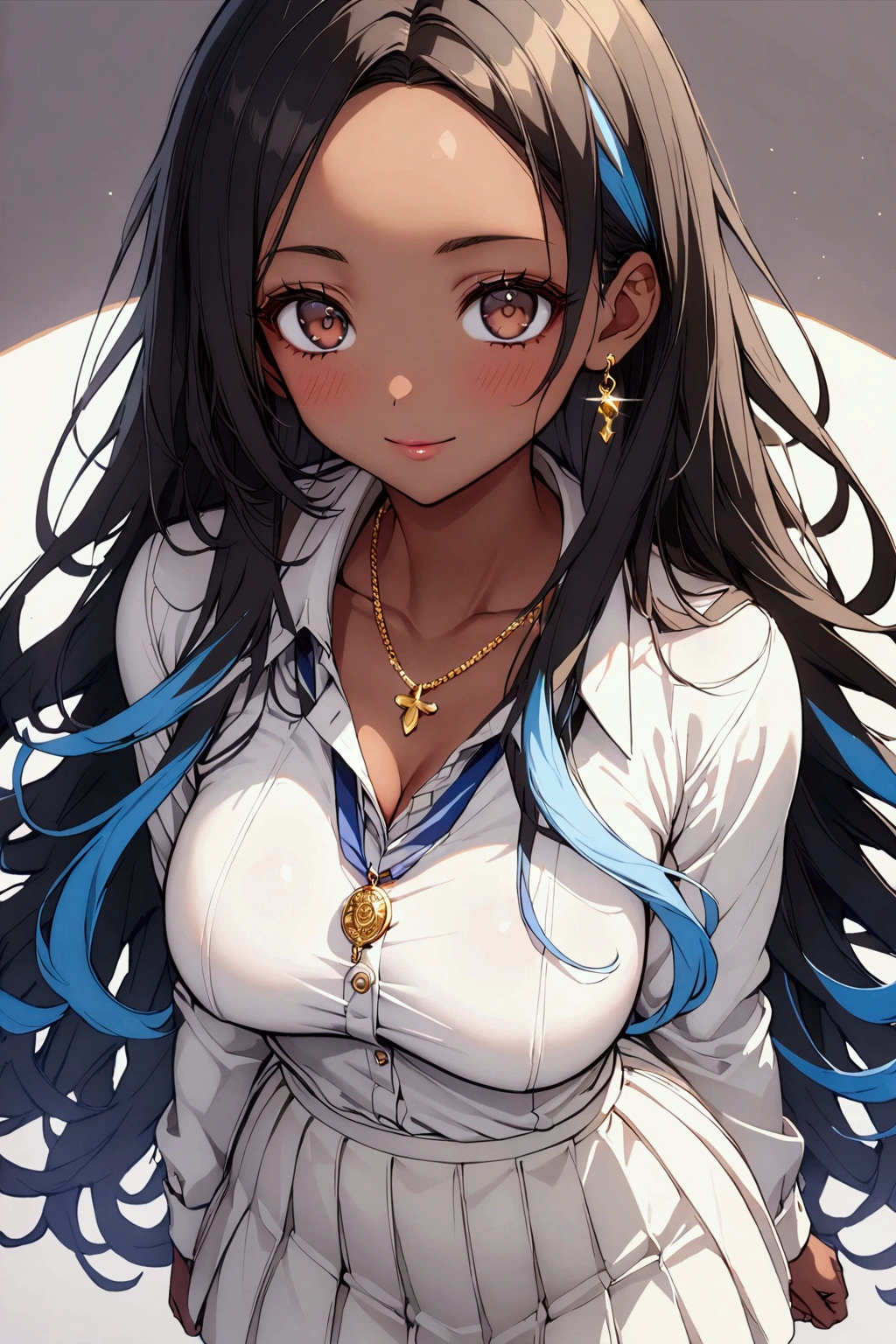 1girl, brown eyes, (black hair with blue fade, blue strands in the hair, long hair,) skinny waist, medium breasts, tan skin, brown skin, wearing a white shirt, white skirt, white tights, pink blazer, a gold pendant, adult, mature, 