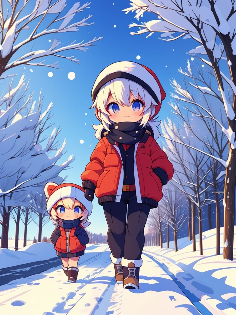 a  walking down a snowy path during the winter season, chibi, heavy jacket, looking at camera