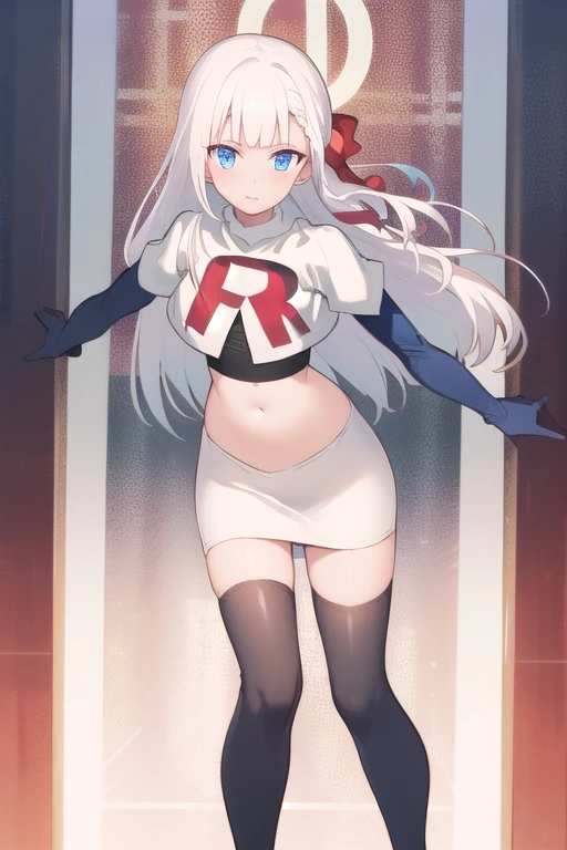 best quality, masterpiece, highres, detailed, digital artwork, RiseliaRC, red hair ribbon, white hair, blunt bangs, blue eyes, team rocket,team rocket uniform,white skirt,red letter R,crop top,black thigh-highs,black elbow gloves