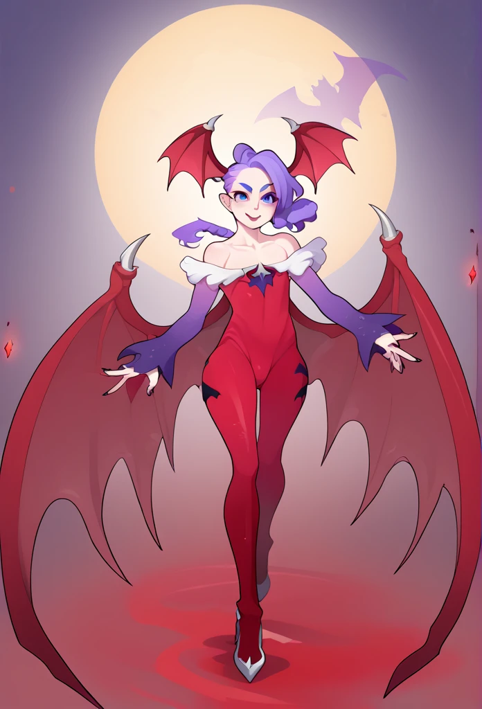 1girl, Solo, succubus, (Lilith Aensland:1.4), (Lilith from DarkStalkers:1.5), flat chest, short Purple hair, red leotard, red wings, red boots, long blue fingerless gloves, long painted nails, blue leggings, adorable, skinny body, petite, Accurate, Masterpiece, Anatomically Correct, Best Quality, HD, High Details, Super Detailed, UHD, High Quality, ((Vampire Savior)), ((DarkStalkers 3))