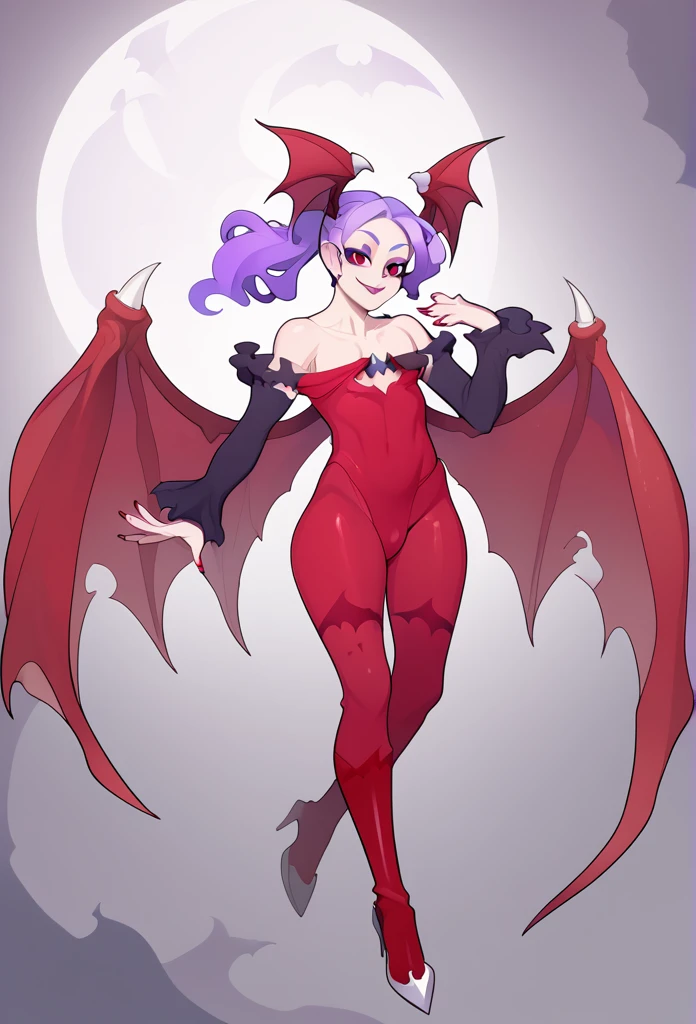 1girl, Solo, succubus, (Lilith Aensland:1.4), (Lilith from DarkStalkers:1.5), flat chest, short Purple hair, red leotard, red wings, red boots, long blue fingerless gloves, long painted nails, blue leggings, adorable, skinny body, petite, Accurate, Masterpiece, Anatomically Correct, Best Quality, HD, High Details, Super Detailed, UHD, High Quality, ((Vampire Savior)), ((DarkStalkers 3))