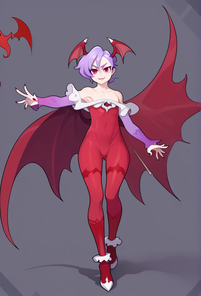 1girl, Solo, succubus, (Lilith Aensland:1.4), (Lilith from DarkStalkers:1.5), flat chest, short Purple hair, red leotard, red wings, red boots, long blue fingerless gloves, long painted nails, blue leggings, adorable, skinny body, petite, Accurate, Masterpiece, Anatomically Correct, Best Quality, HD, High Details, Super Detailed, UHD, High Quality, ((Vampire Savior)), ((DarkStalkers 3))