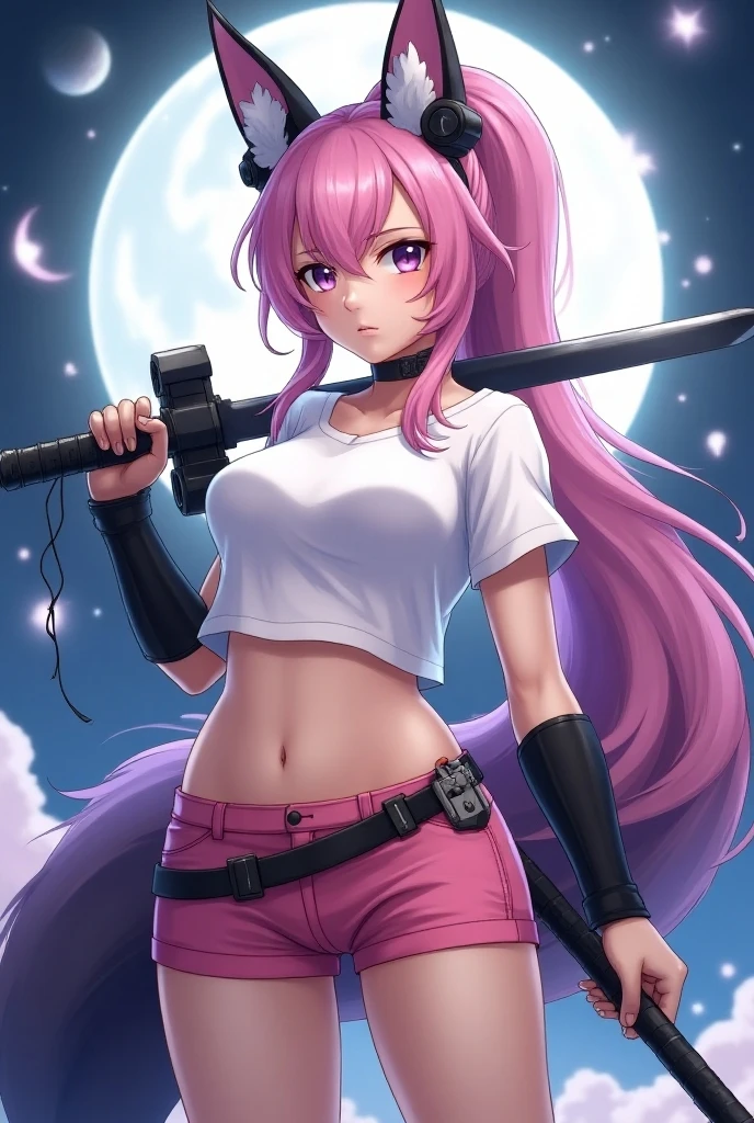 full body, simple cosmic background, anime styled art, female character, fox girl, long soft pink hair, ponytail,  white t-shirt, large chest, short pink shorts, black silk long gloves, black silk legwear, red knee pad, black mechanical ear covers, purple pupils, big tail, purple tail, holding a mechanical katana, riot shield on the hand,