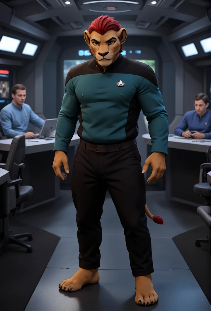 (((Barefoot furry character, full body, cinematic setting, furry boy, anthro lion, plantigrade))), (((anime))). beefy, muscular (((Kion))), (((younger Kion wearing teal TNG uniform))), focused, determined, ((nice detailed feet paws with claws))), (((four toes))), short red hair, red tip of a tail, (((correct anatomy))) (((standing in command center of starship))), , hand strike BREAK, intricate details, highly detailed, extreme detail, octane render, fine art, best quality, highres, (detailed face:1.5), ((full_body)), UHD, (((perfect hands))), ((low light:1.5))