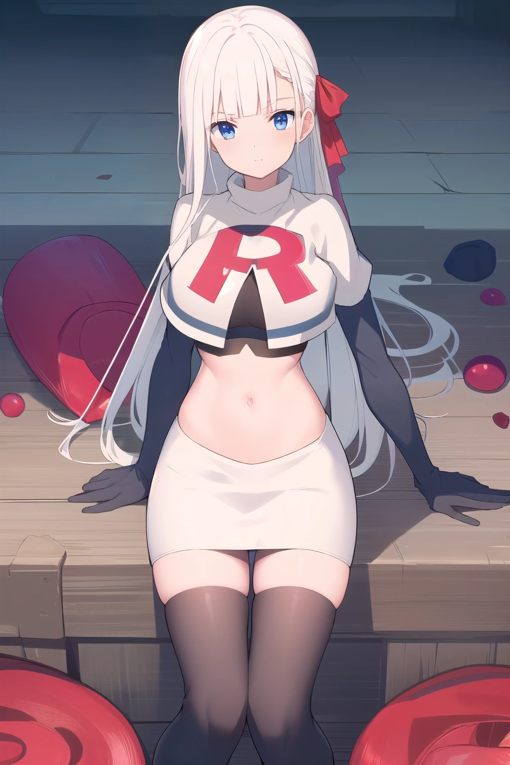 best quality, masterpiece, highres, detailed, digital artwork, RiseliaRC, red hair ribbon, white hair, blunt bangs, blue eyes, team rocket,team rocket uniform,white skirt,red letter R,crop top,black thigh-highs,black elbow gloves