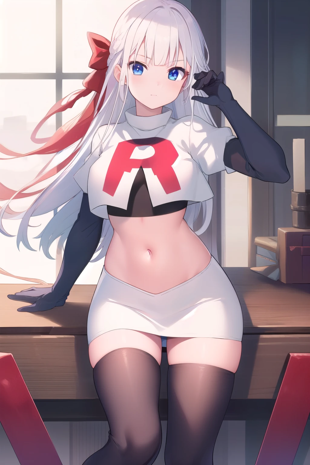 best quality, masterpiece, highres, detailed, digital artwork, RiseliaRC, red hair ribbon, white hair, blunt bangs, blue eyes, team rocket,team rocket uniform,white skirt,red letter R,crop top,black thigh-highs,black elbow gloves