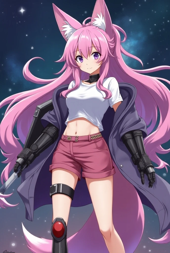 full body, simple cosmic background, anime styled art, female character, fox girl, long soft pink hair, ponytail,  white t-shirt, large chest, short pink shorts, black silk long gloves, black silk legwear, red knee pad, black mechanical ear covers, purple pupils, big tail, purple tail, holding a mechanical katana, shield on the hand,