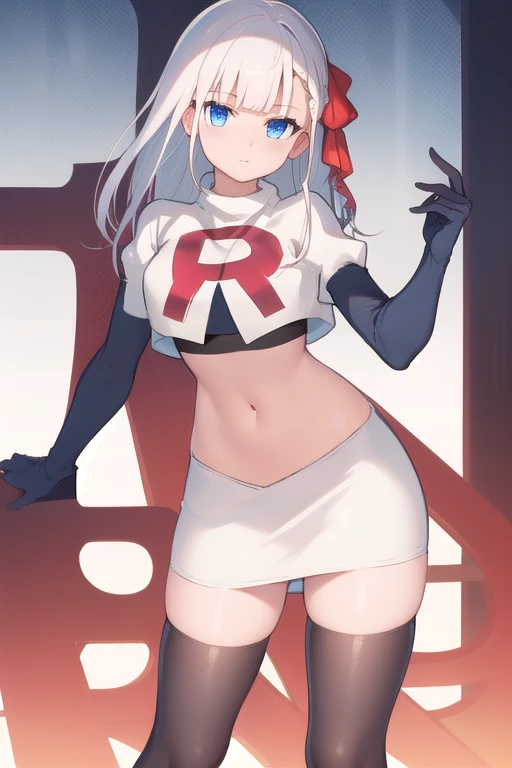 best quality, masterpiece, highres, detailed, digital artwork, RiseliaRC, red hair ribbon, white hair, blunt bangs, blue eyes, team rocket,team rocket uniform,white skirt,red letter R,crop top,black thigh-highs,black elbow gloves