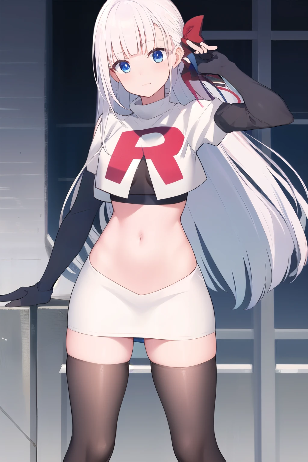 best quality, masterpiece, highres, detailed, digital artwork, RiseliaRC, red hair ribbon, white hair, blunt bangs, blue eyes, team rocket,team rocket uniform,white skirt,red letter R,crop top,black thigh-highs,black elbow gloves