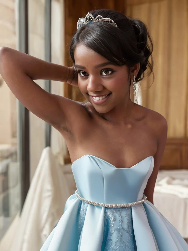 A Indian girl, black ponytail, (black skin:1.4), BREAK, baby face, standing, (satin princess dress, blue wedding dress:1.4), BREAK, (wedd00ing:1.2), (tiny tits, tt_flat), ((shooting from side)), armpit, smiling,+ bedroom, 