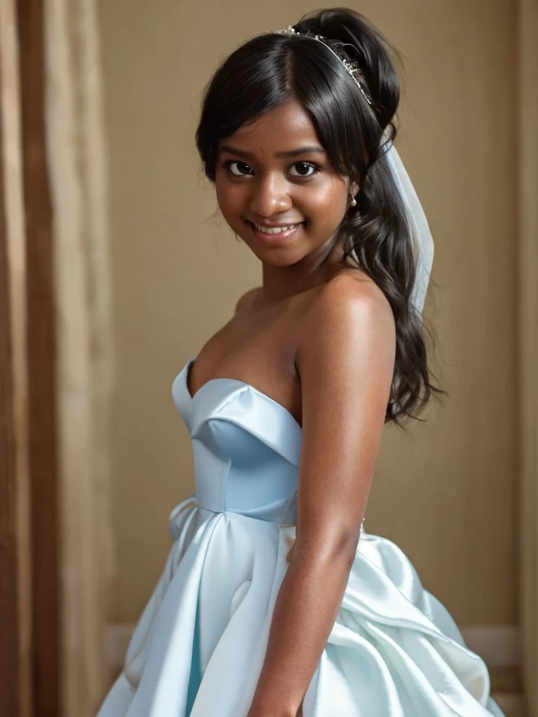 A Indian girl, black ponytail, (black skin:1.4), BREAK, baby face, standing, (satin princess dress, blue wedding dress:1.4), BREAK, (wedd00ing:1.2), (tiny tits, tt_flat), ((shooting from side)), armpit, smiling,+ bedroom, 