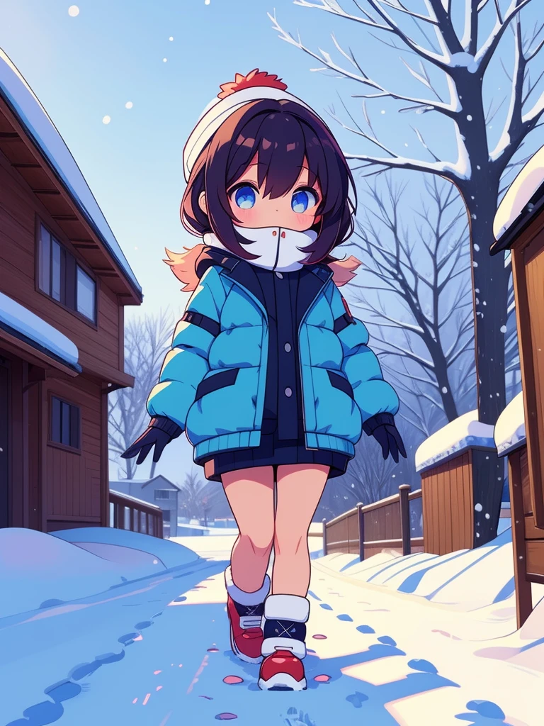 (1girl), walking down a snowy path during the winter season, chibi, heavy jacket, looking at camera, (random poses)