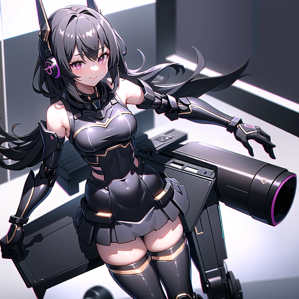 Thighs、Black tights、chest、smile、Black Hair、 1 girl、 solo girl 、income、 headphones、idol dress、tablet device、mecha girl、 Hot Pants