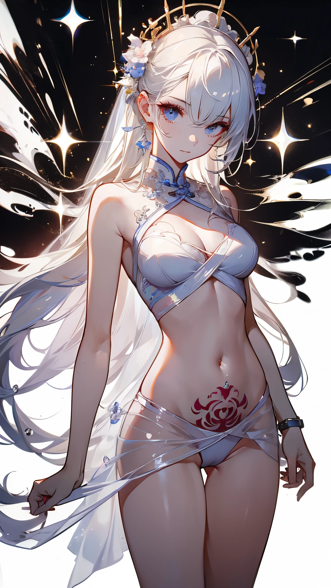 (((masterpiece))),((highest quality)),one beautiful japanese girl,pale, (A character that personifies a star: 1.5), (hair shines:1.5)、(((The body glows:1.5)))、(belly button)、(Clothes are hard, pale, and shiny:1.5),(private server), (exposure of skin),(The background is the night sky outside 1.5).(((from the front:1.5)))、(straight front: 1.5)、((turn around:1.5)))
