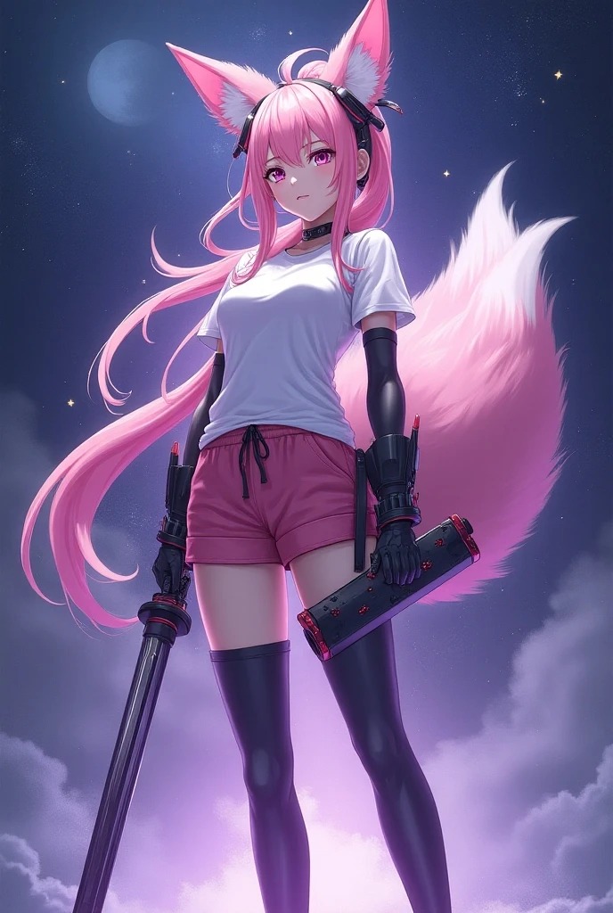 full body, simple cosmic background, anime styled art, female character, fox girl, long soft pink hair, ponytail,  white t-shirt, large chest, short pink shorts, black silk long gloves, black silk legwear, red knee pad, black mechanical ear covers, purple pupils, big tail, purple tail, holding a long mechanical katana, rectangular shield on the hand,