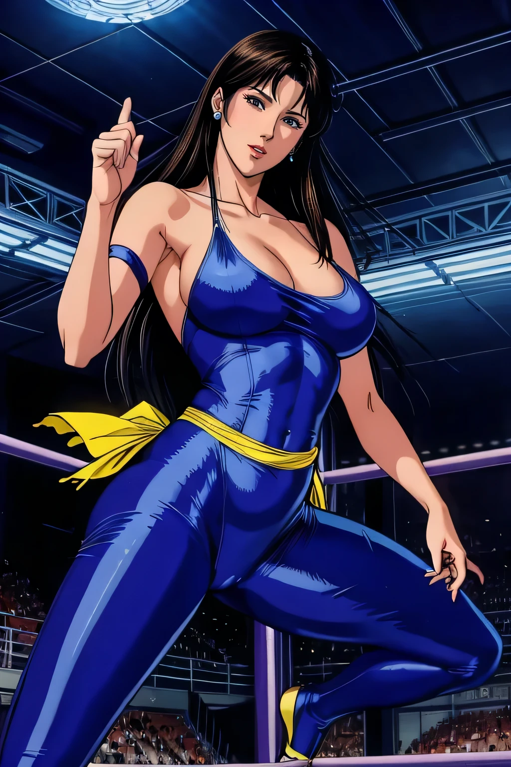 The costume is torn to pieces, Fighting Poses,On the professional wrestling ring,(((Torn clothes), I can see my vertical navel  ))、((( Combat pose、  clothes are in tatters )))、  Women are struggling  、(((Battle Scenes)))、  tattered clothes  (( Shaking her ass))、 this is the headline ,Woman 1（HitomiKisugi、 Blue clothes,Long trousers、, Put expression into strength  、One Woman,  my mouth is open、 High image quality 、((  Kampala ))、((masterpiece))、(( High image quality ))、8ｋ、((Facial details))、 Woman 1（HitomiKisugi、 very long hair, Black Hair ,eyelash、  Brown Eyes  :1.3,a 、  Brown Eyes  ：1.3,  blue bodysuit ,Outside of shoulder,Full Body Suit：1.1 Fighting Poses,Tight-fitting suits, sparkly costume ,Very thin fabric,Yellow sash：1.1, with the navel part open、Tall,１８０Centimeters、Slender body ))Woman 1（HitomiKisugi)Yellow sash：1.1、Yellow sash：1.1、((Background is Bedrule))