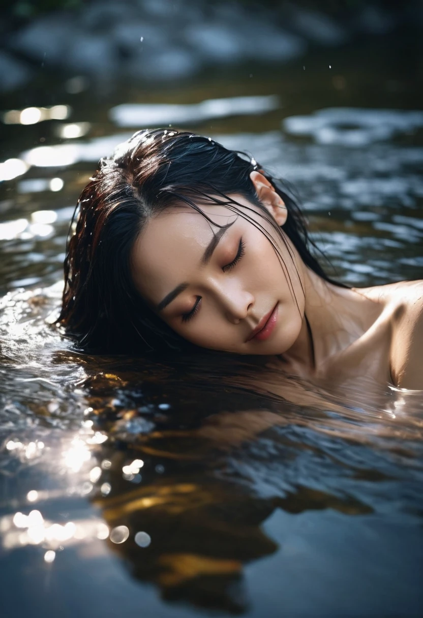 High angle shot, rainy atmosphere. A so beautiful sexy Japanese woman is in a clear stream of water that reflects the light gently. Her skin is gleaming when the light hits it. Her face and long black hair are wet and flowing in the water. She leans her head back slightly, her eyes closed, as if she is immersed in the peaceful feeling of the nature around her. 

She is wearing a thin cloth that vaguely covers her body. The light hitting the water and her skin creates a gentle and mysterious atmosphere. The beauty of this image conveys the close relationship between humans and nature, both peaceful and fragile at the same time.