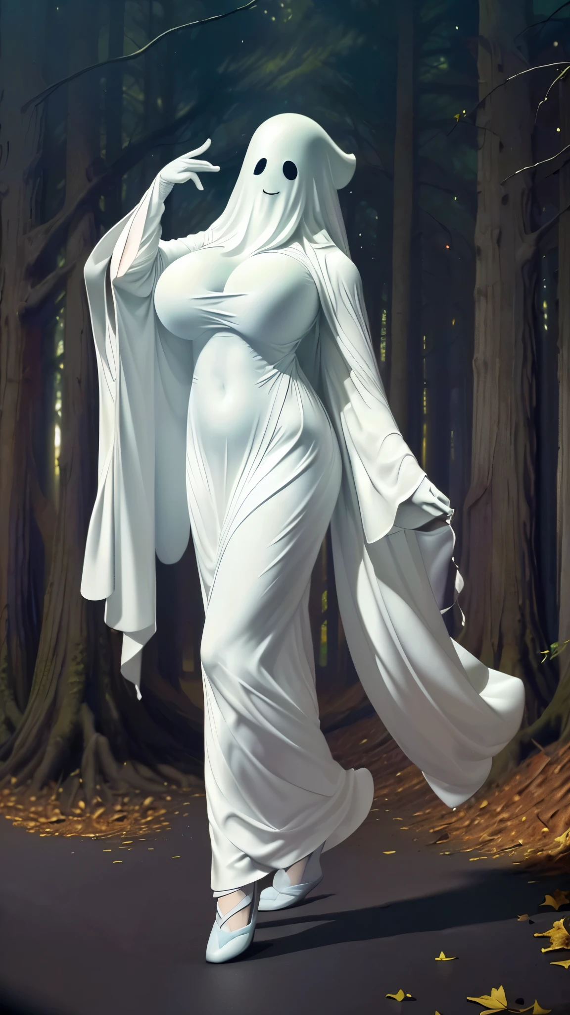 (（（figure，御姐figure,White and tender skin,（（（ghost costume,ghost,））），,(（（No Head ））),((masterpiece)),highres,((Best quality at best)),masterpiece,quality,Best quality,(（（  for the audience ,））），Huge breasts，苗条figure，forest，night，Dynamic poses）））