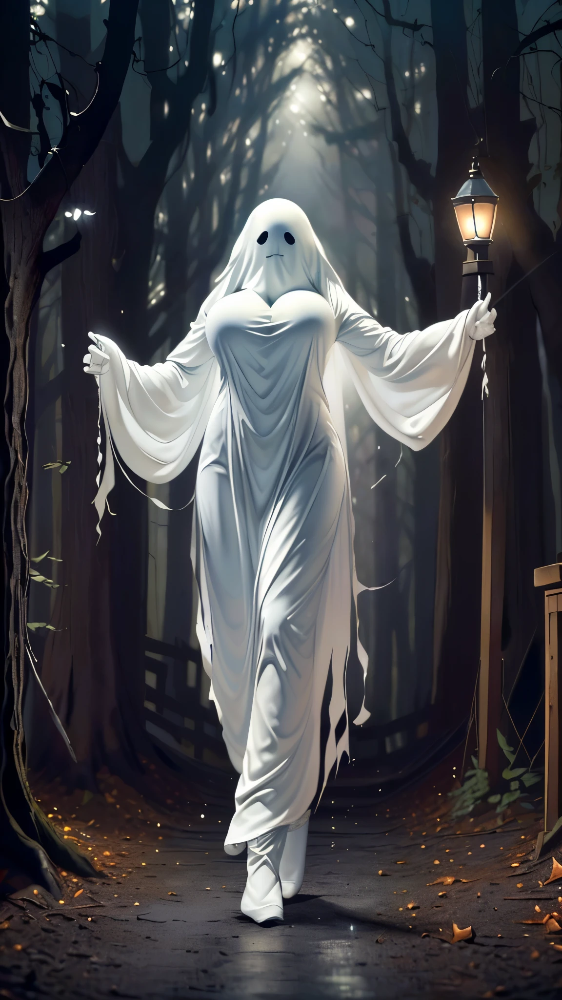 (（（figure，御姐figure,White and tender skin,（（（ghost costume,ghost,））），,(（（No Head ））),((masterpiece)),highres,((Best quality at best)),masterpiece,quality,Best quality,(（（  for the audience ,））），Huge breasts，苗条figure，forest，night，Dynamic poses）））