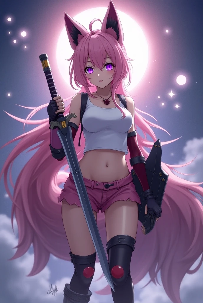 full body, simple cosmic background, anime styled art, female character, fox girl, long soft pink hair, ponytail,  white t-shirt, large chest, short pink shorts, black silk legwear, red knee pad, black mechanical ear covers, purple pupils, big tail, purple tail, holding a long mechanical katana, rectangular shield on the arm,