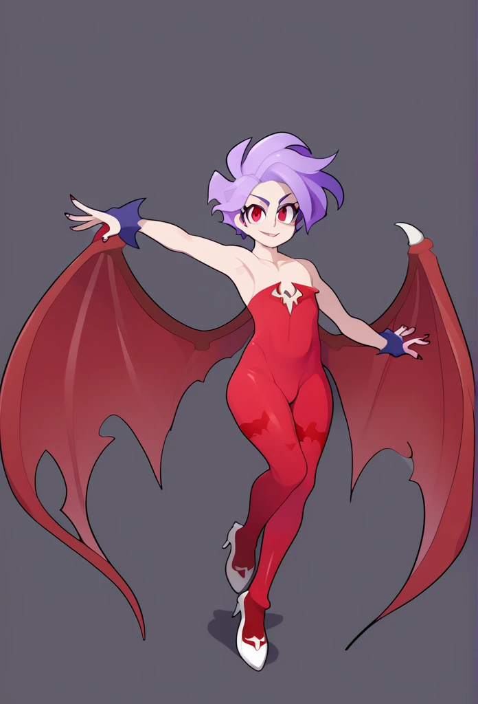 1girl, Solo, succubus, (Lilith Aensland:1.4), (Lilith from DarkStalkers:1.5), flat chest, short Purple hair, red leotard, red wings, red boots, long blue fingerless gloves, long painted nails, blue leggings, adorable, skinny body, petite, Accurate, Masterpiece, Anatomically Correct, Best Quality, HD, High Details, Super Detailed, UHD, High Quality, ((Vampire Savior)), ((DarkStalkers 3))