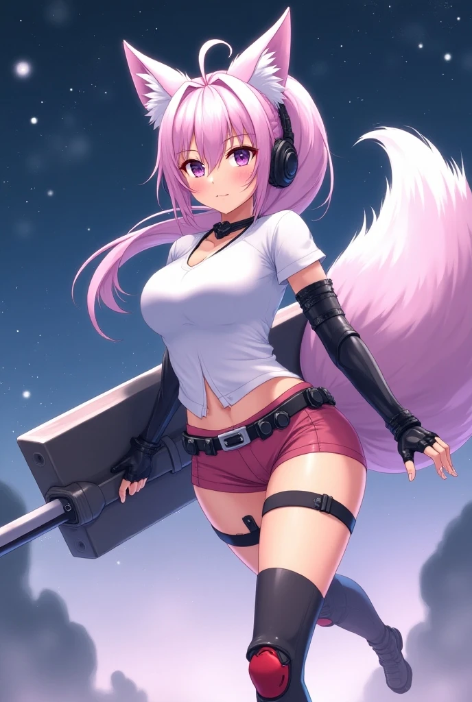 full body, simple cosmic background, anime styled art, female character, fox girl, long soft pink hair, ponytail,  white t-shirt, large chest, short pink shorts, black silk legwear, red knee pad, black mechanical ear covers, purple pupils, big tail, purple tail, holding a long mechanical katana, large rectangular shield on the arm,