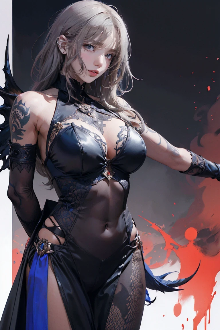 (nsfw:0.9),(Full Body Shot),(Large Breasts),(( abs are very prominent )), ((((Gray Hair))),  Detailed Portrait of an Adult Woman in a Dark Fantasy Setting , Bright Blue eyes that emanate a sense of danger [Detailed eyes, Bright Blue:1.1], [Black Leather Look], adorned with Intricate tattoos all over her body [Intricate tattoos:1.1], He has dragon scales on his arms [Dragonの鱗のタトゥー] ,Enhance the suspenseful atmosphere.  The color palette is mostly dark and muted tones .., with hints of Red and purple accents [A dark and muted color palette, Red and purple accents], Gives a sense of mystery and danger. The lighting emphasizes the sharp edges and   intricate details   of the assassin's attire and tattoos,  adds depth and texture to the overall composition  [Enhances sharp edges,   intricate details  ]. The image quality is excellent, with Attention to detail [Best Quality, Attention to detail:1.2], Showcasing the talents of artists&#39;Technique and mastery of light and darkness . The art style is realistic yet、 also has a fantasy vibe ..,  captures the essence of the dark and fascinating world of dungeons  & Dragon [ adds a touch of fantasy Realistic Art Style ],