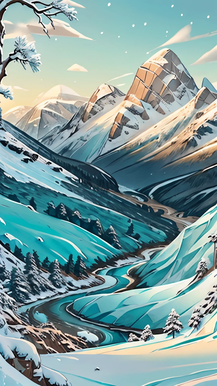 drawing of a landscape with mountains and trees in the distance, teal landscape, flowing hills, icy landscape, landscape illustration, cypresses and hills, ice mountains in the background, ice mountains afar, snow landscape, snowy landscape, hills and mountains, stark landscape, snowy plains, rippled white landscape, hills in the background, rolling foothills, rolling hills