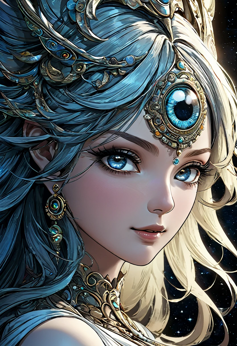 （best qualtiy，ultra - detailed，Most Best Illustration，Best Shadow，tmasterpiece，hight resolution，professionalartwork，famousartwork）, most best color corection, most best lighting, mastepiece lighting curve ，Detailed eyes，beautidful eyes，closeup cleavage，sci-fy，colored sclera，Robotic eyes，face markings，tattooed，（fractalized，Fractal Eye），largeeyes，wide eyes，（Eye focus），sface focus，the eye of the universe，Close up of metal sculpture of woman with moon in hair，goddes。extremely high detail，goddess portrait，Highly detailed footage of the goddess，a stunning portrait of a goddess，Side image of the goddess，portrait of a beautiful goddess，(Full body close-up of goddess)，Goddess of Hecate，portrait of a norse moon goddess，goddess of space and time、((​masterpiece、top-quality、ultra-definition、hight resolution))、4K picture quality、beautiful mouth, beautiful nose, big nose, wide mouth, natural smile