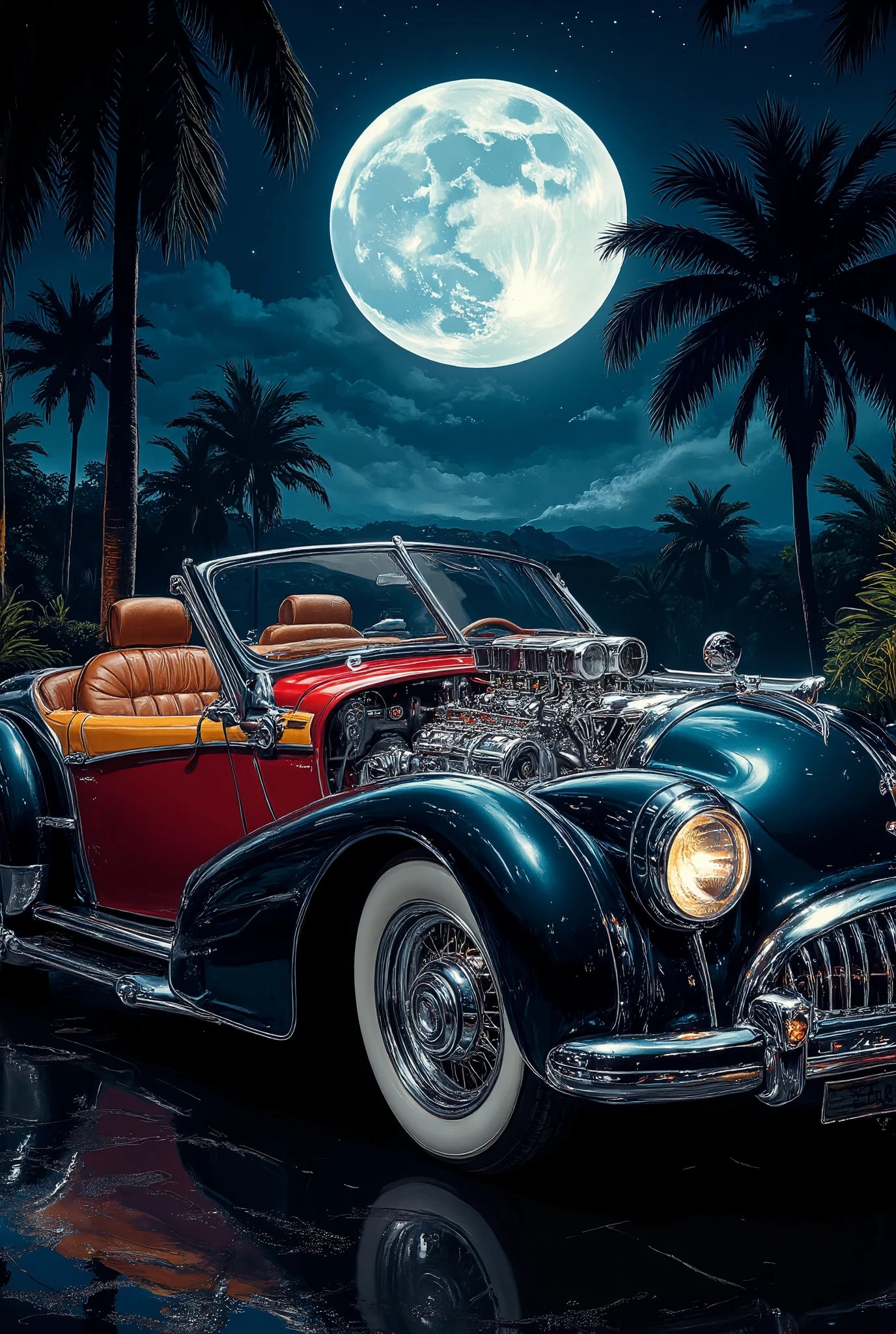 A stunning illustration of a sleek, vintage-inspired luxury car, bathed in the silvery glow of a full moon. Set against a backdrop of swaying palm trees, the vehicle's gleaming surface reflects the lunar light, accentuating its curved lines and chrome accents. Bright, bold colors like red and yellow pop against the dark sky, while fine details like textured leather seats and precision-engineered engine components are rendered in precise, pro-vector style.