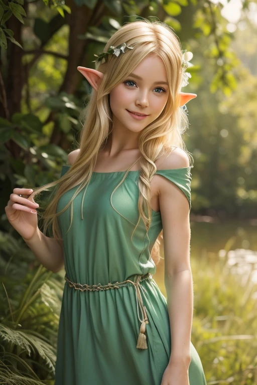 (masterpiece, photorealistic:1.4, extremely intricate:1.3), (photon mapping, radiosity, physically based rendering, ultra resolution, hyper-realistic, photorealistic:1.4, hyper-realistic, 8K), ((solo 1girl, ((closeup breasts, [medium breasts:large breasts:0.3], closeup portrait, (elf, elven, dimples, 18years, tan embroidery vest, untied)), fringes, strings, long straight [bright ginger hair:pink hair:0.7]), [makeup:natural:0.6], long eyelashes, thick lashes), green eyes), smile, laugh, BREAK, (she is in the forest near a pond, water reflection, flowers, ((sunrise)))